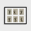 A framed wall art print featuring six sepia-toned studio photos of a man in a tuxedo arranged in a 2x3 grid, mounted on a white mat within a black frame against a light grey wall.