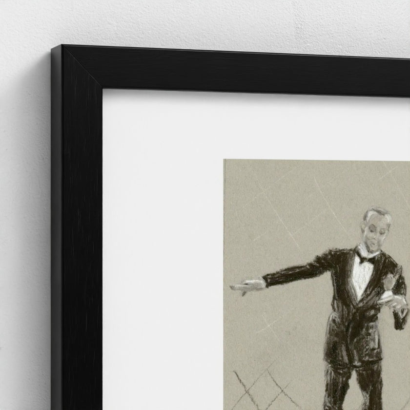 A framed art print featuring a black-and-white sketch of a man in a tuxedo, shown in a close-up view with a black frame and white mat against a light wall.