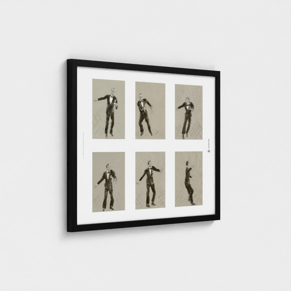 A framed art print featuring six black-and-white sketch illustrations of a man in a tuxedo from different dance poses, displayed on a light grey wall.