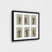 A framed art print featuring six black-and-white sketch illustrations of a man in a tuxedo from different dance poses, displayed on a light grey wall.