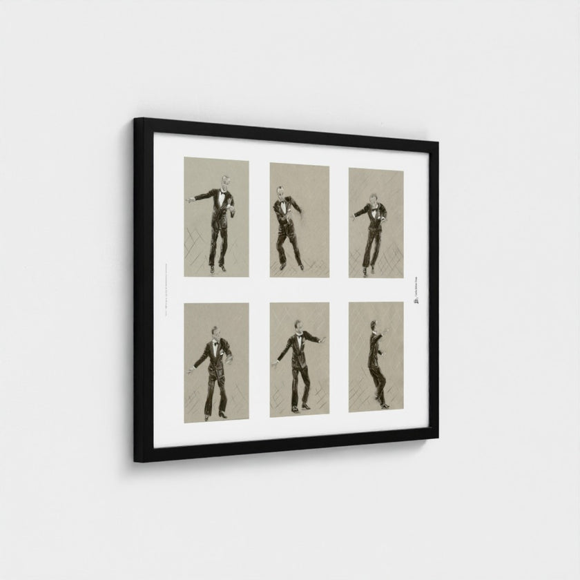 A framed art print featuring six black-and-white sketch illustrations of a man in a tuxedo from different dance poses, displayed on a light grey wall.