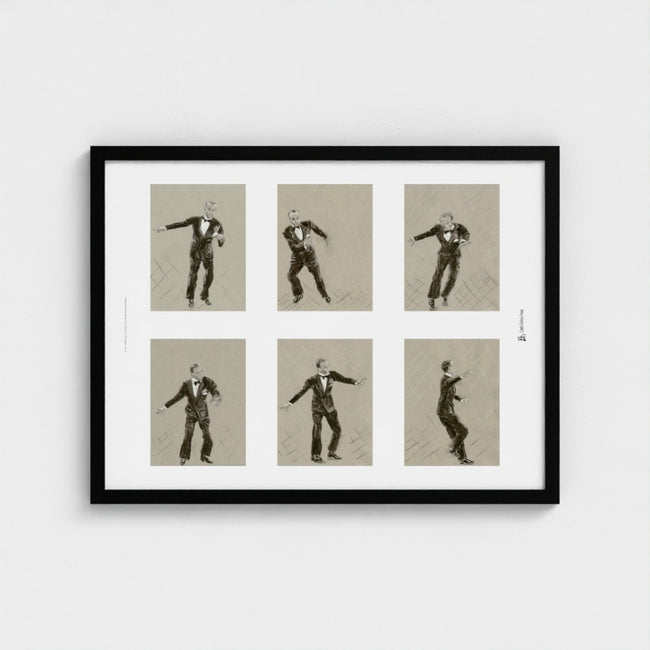 A framed wall art print featuring six sepia-toned studio photos of a man in a tuxedo arranged in a 2x3 grid, mounted on a white mat within a black frame against a light grey wall.