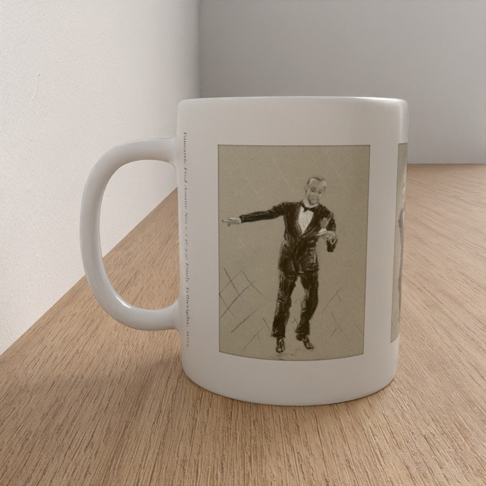 A white ceramic mug with a sepia-toned vintage illustration of a man in a tuxedo, sitting on a light wood tabletop against a neutral wall.