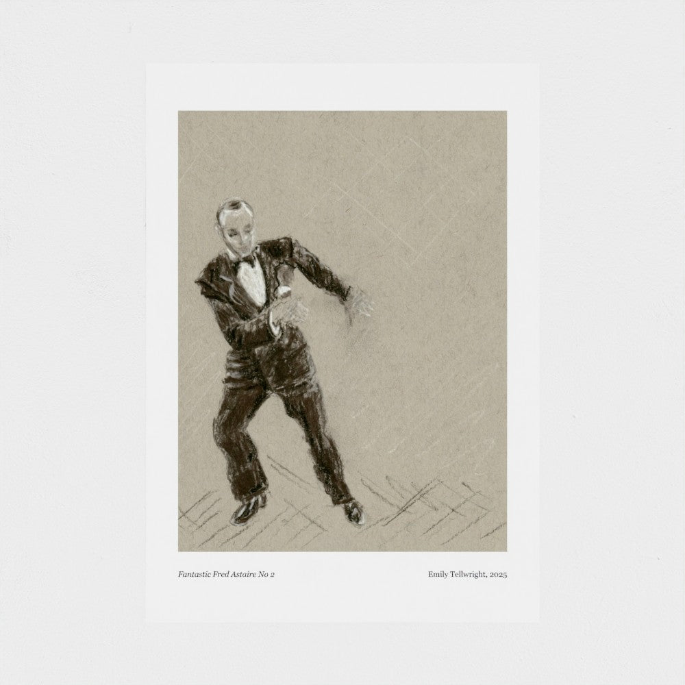 A monochrome art print featuring a sketch of a man in a tuxedo, with small caption text at the bottom, shown against a light gray background.