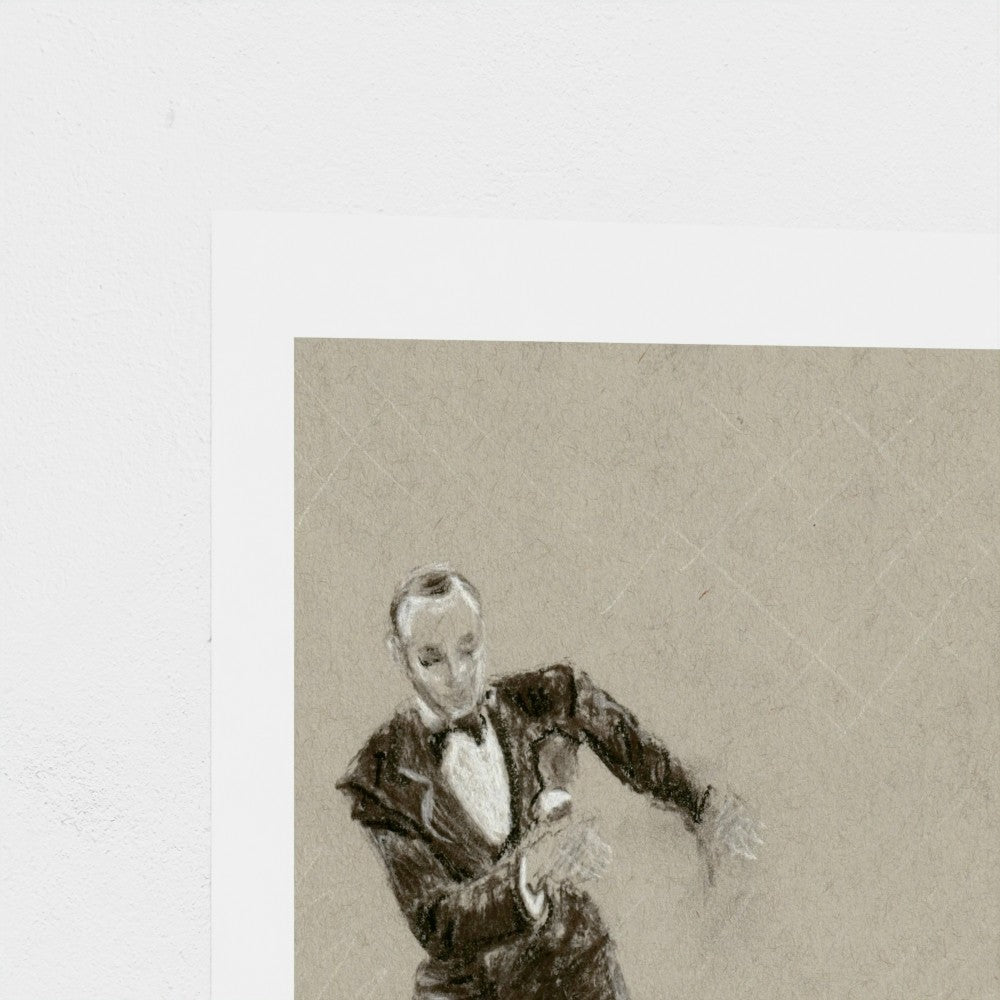 A close-up of a printed artwork or poster showing a sepia-toned sketch of a man in a dark suit against a light beige background, with a white border around the print.