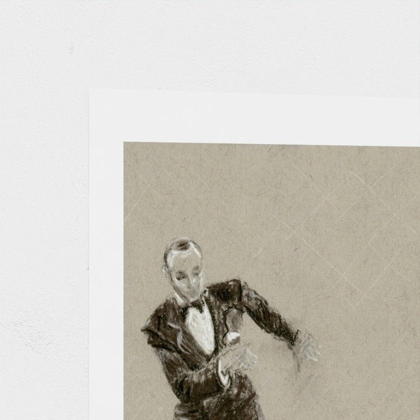 A close-up of a printed artwork or poster showing a sepia-toned sketch of a man in a dark suit against a light beige background, with a white border around the print.