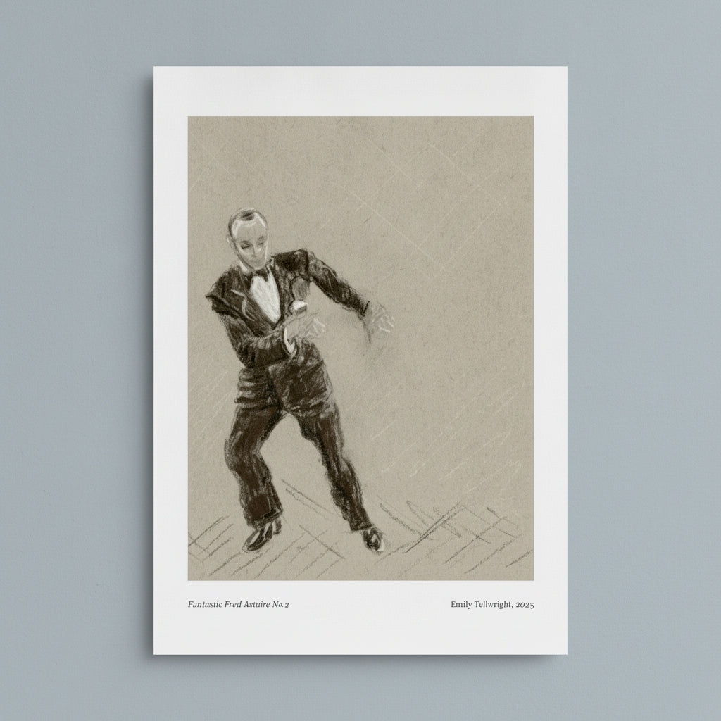 A framed art print featuring a sepia-toned sketch of a man in a tuxedo, displayed against a light gray background. The print includes a white border with small text at the bottom reading 'Fantastic Fred Astaire No.