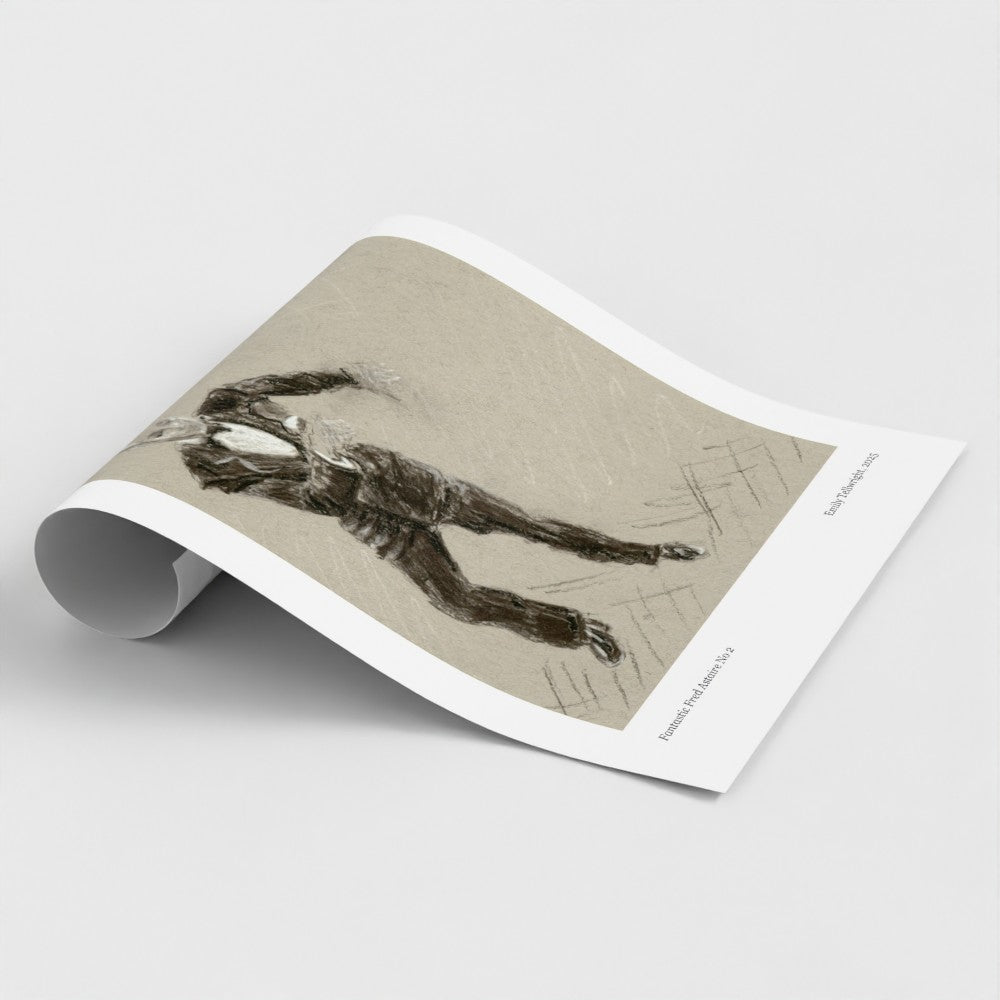 A rolled-out art print or poster showing a sketch of a figure in motion, photographed on a clean light gray background. The print has a white border and a sepia-toned illustration with dark linework.