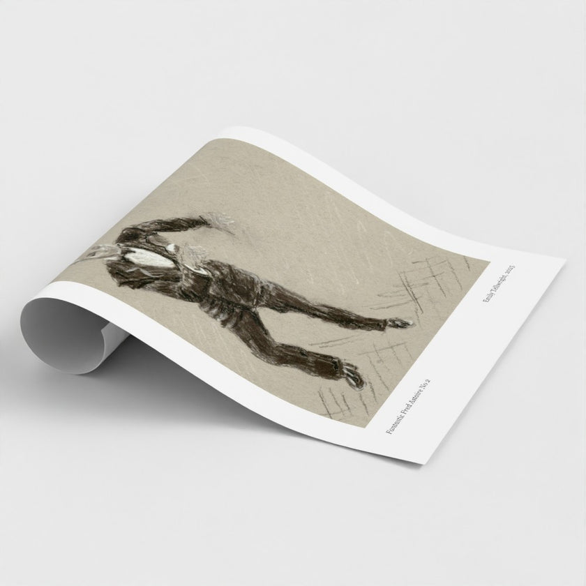 A rolled-out art print or poster showing a sketch of a figure in motion, photographed on a clean light gray background. The print has a white border and a sepia-toned illustration with dark linework.