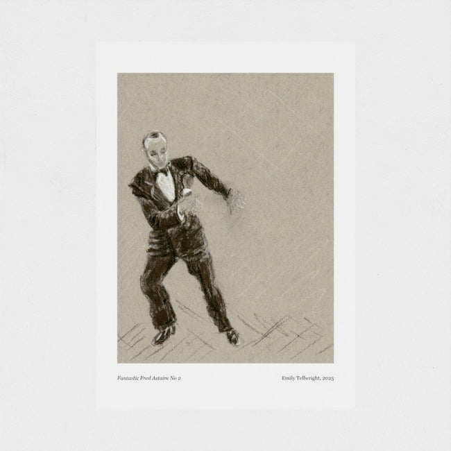 A monochrome art print featuring a sketch of a man in a tuxedo, with small caption text at the bottom, shown against a light gray background.