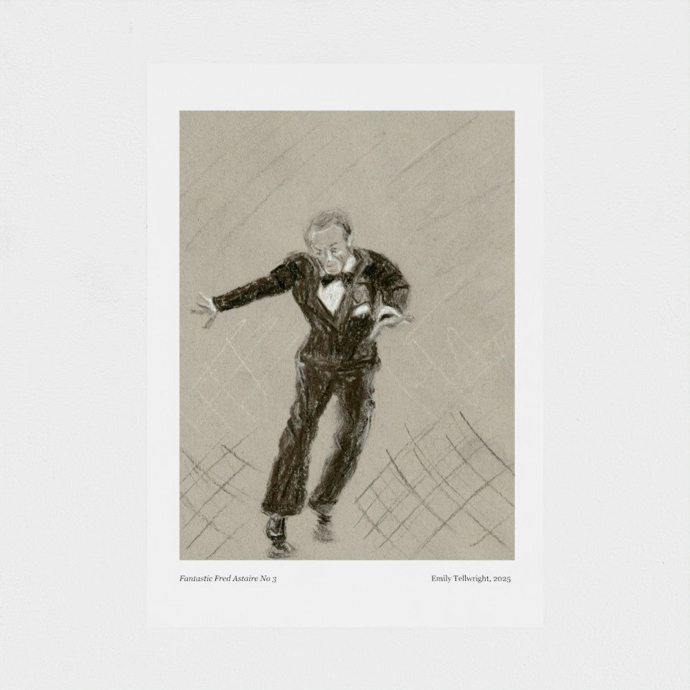 A monochrome art print featuring a sketch of a man in a tuxedo, with printed text below the artwork on a white background.