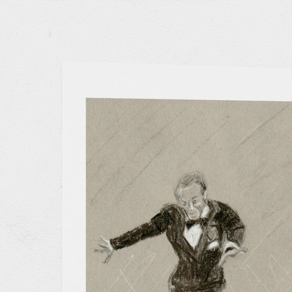 A square art print featuring a charcoal or pencil sketch of a man in a dark suit gesturing with his hand, set against a light beige background with a wide white border.