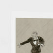 A square art print featuring a charcoal or pencil sketch of a man in a dark suit gesturing with his hand, set against a light beige background with a wide white border.