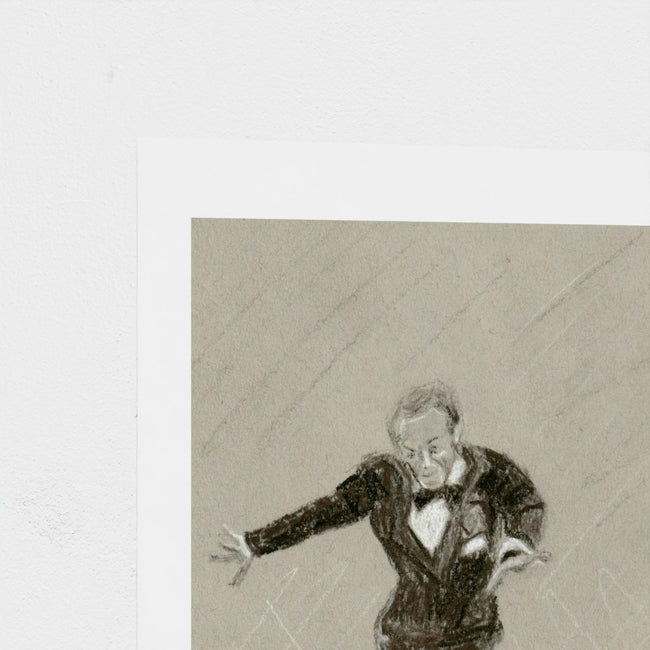 A square art print featuring a charcoal or pencil sketch of a man in a dark suit gesturing with his hand, set against a light beige background with a wide white border.