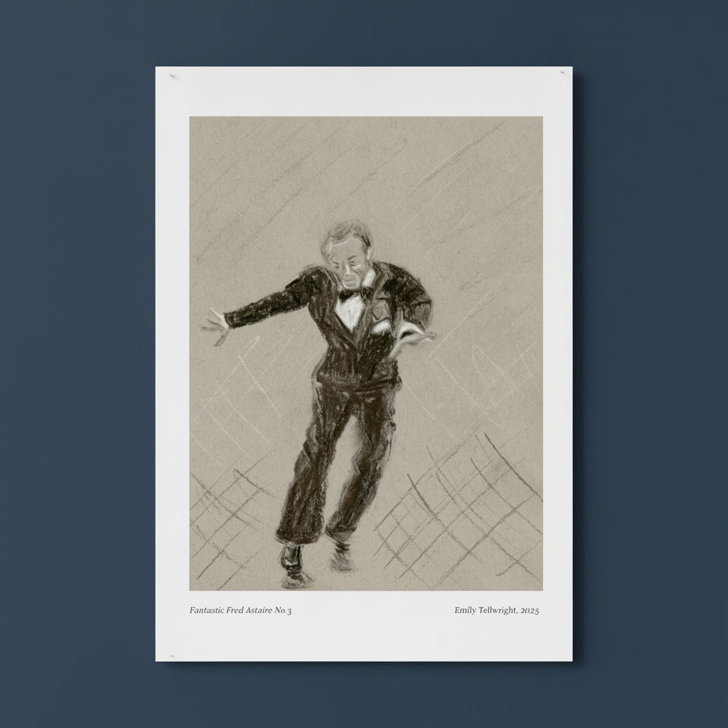 A framed art print featuring a charcoal-style sketch of a man in a tuxedo, shown against a dark blue background.