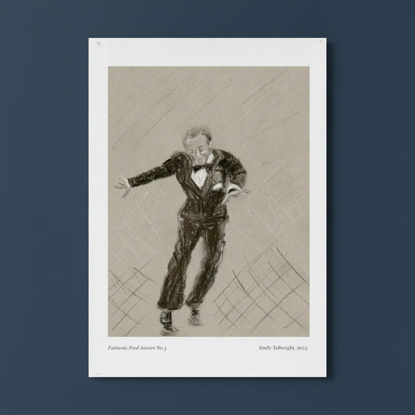 A framed art print featuring a charcoal-style sketch of a man in a tuxedo, shown against a dark blue background.