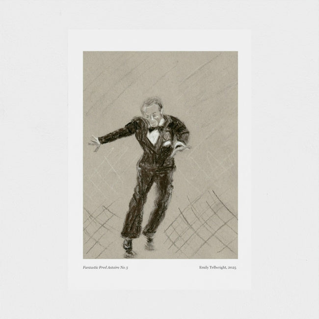 A monochrome art print featuring a sketch of a man in a tuxedo, with printed text below the artwork on a white background.