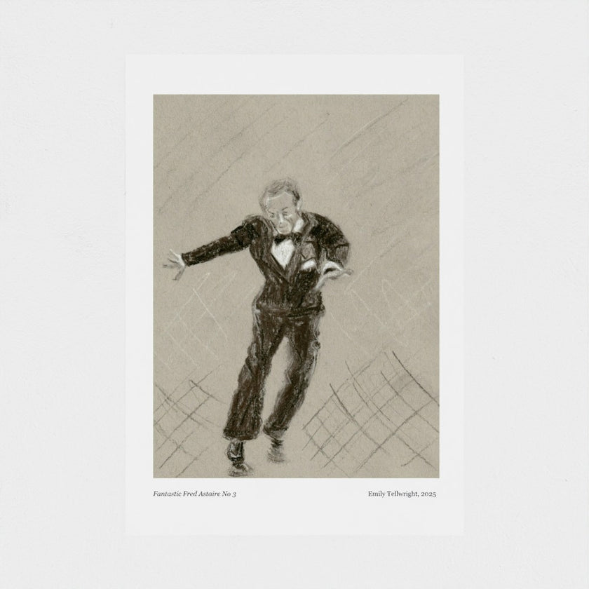 A monochrome art print featuring a sketch of a man in a tuxedo, with printed text below the artwork on a white background.