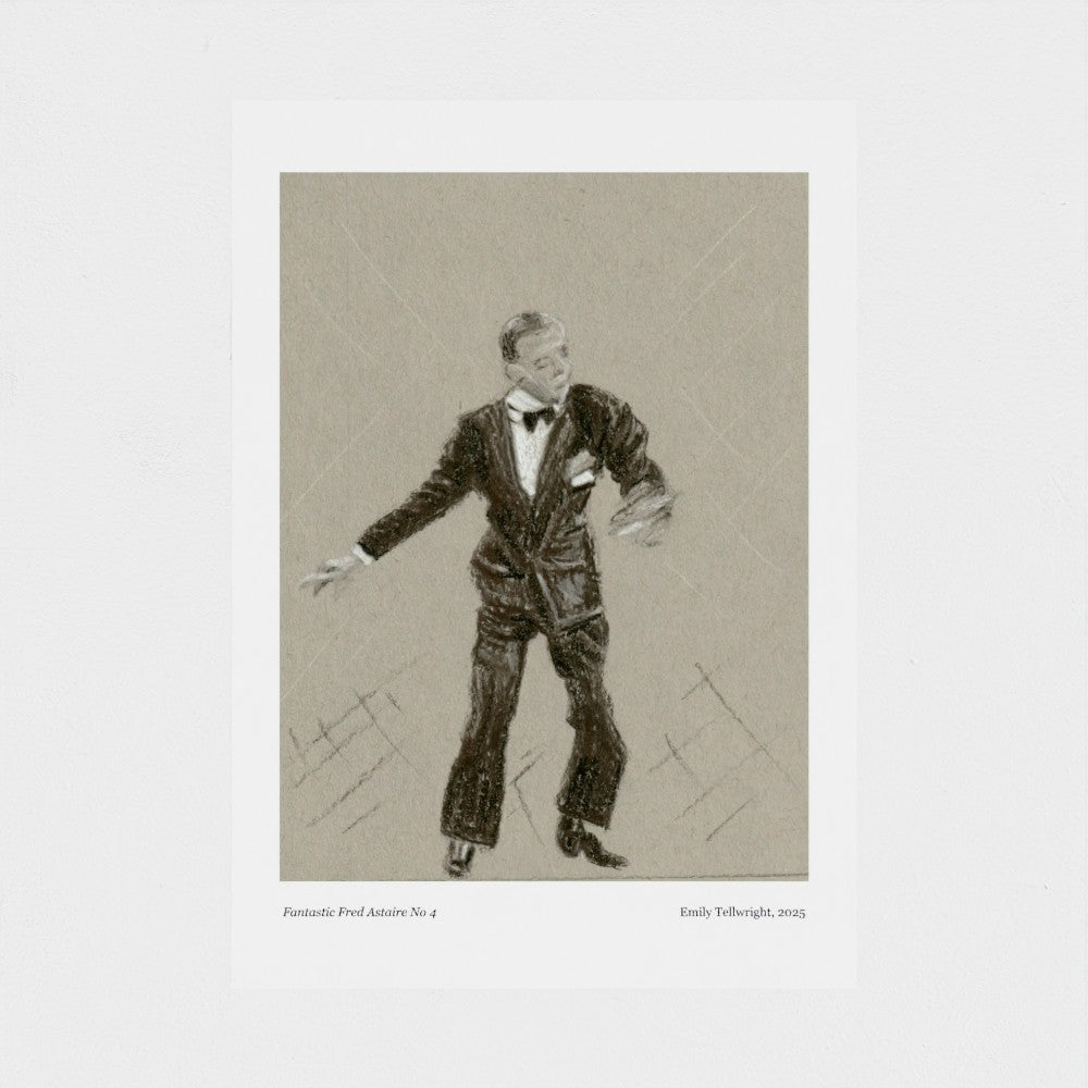 A monochrome art print featuring a sketch-style portrait of a man in a tuxedo, with small caption text at the bottom, shown against a light grey background.
