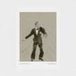A monochrome art print featuring a sketch-style portrait of a man in a tuxedo, with small caption text at the bottom, shown against a light grey background.