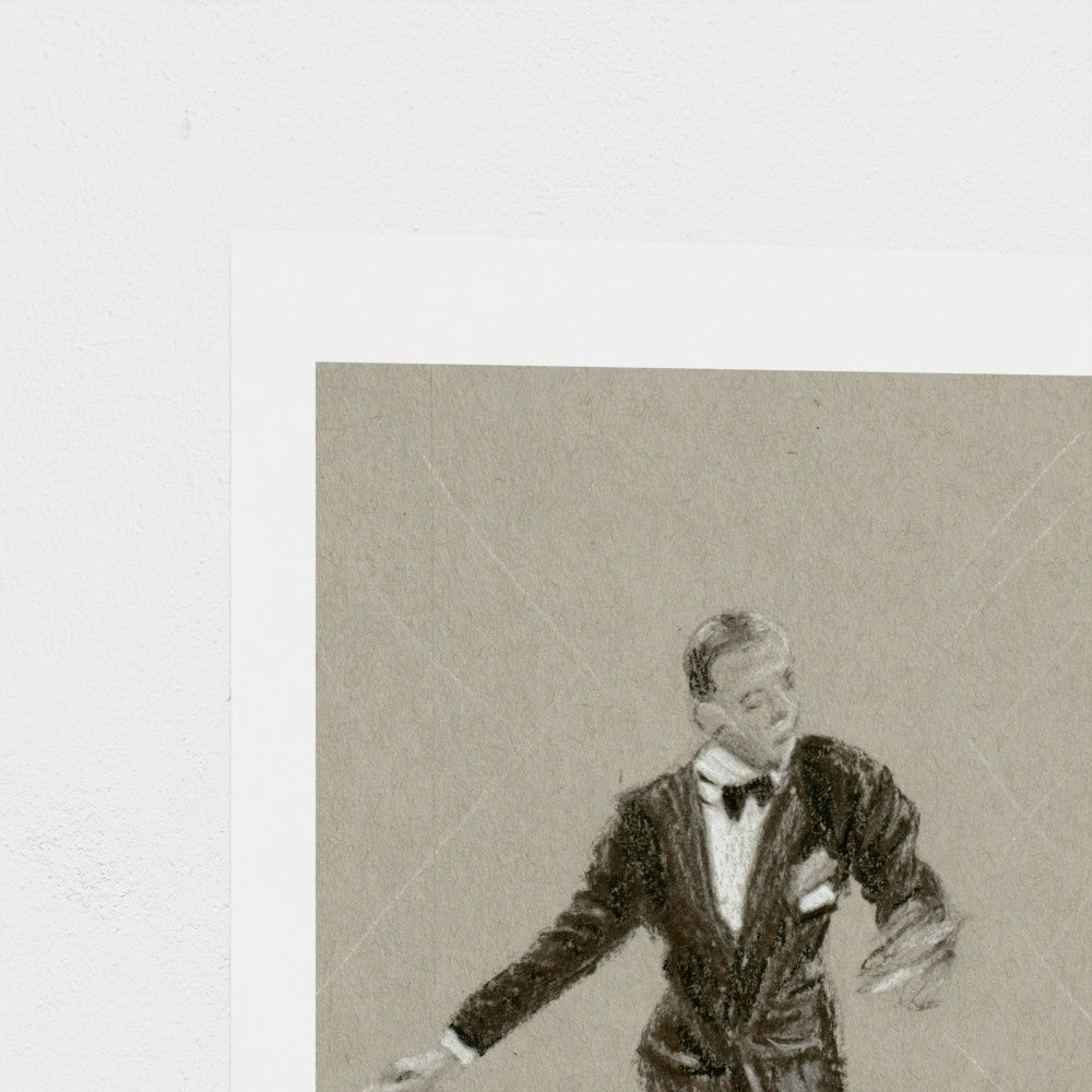 A square art print featuring a sepia-toned sketch of a man in a tuxedo, shown with a wide white border on a white background.