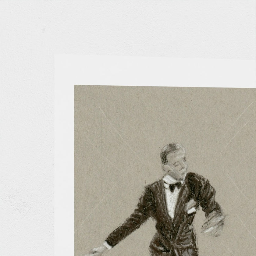 A square art print featuring a sepia-toned sketch of a man in a tuxedo, shown with a wide white border on a white background.