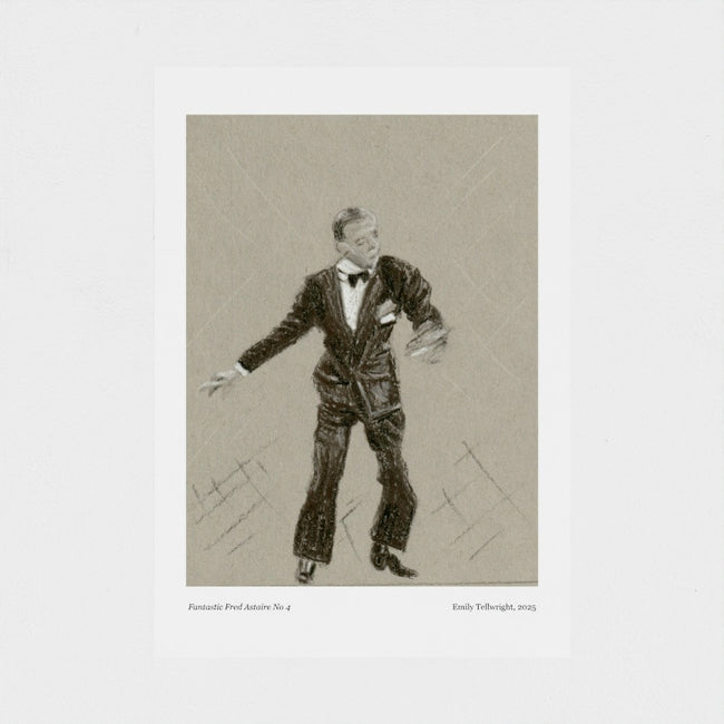 A monochrome art print featuring a sketch-style portrait of a man in a tuxedo, with small caption text at the bottom, shown against a light grey background.