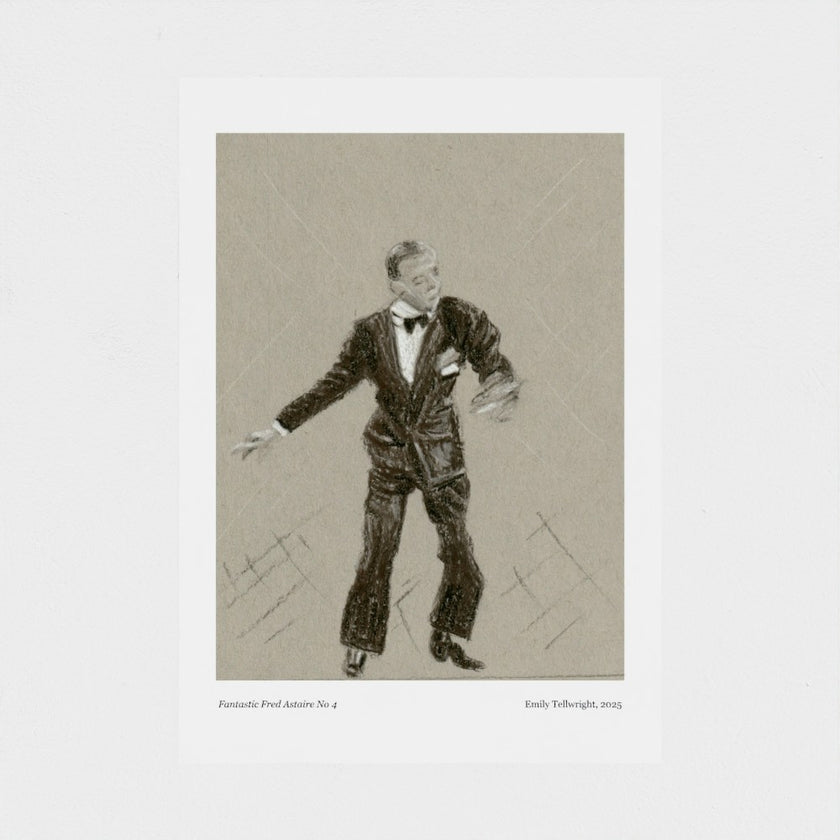 A monochrome art print featuring a sketch-style portrait of a man in a tuxedo, with small caption text at the bottom, shown against a light grey background.