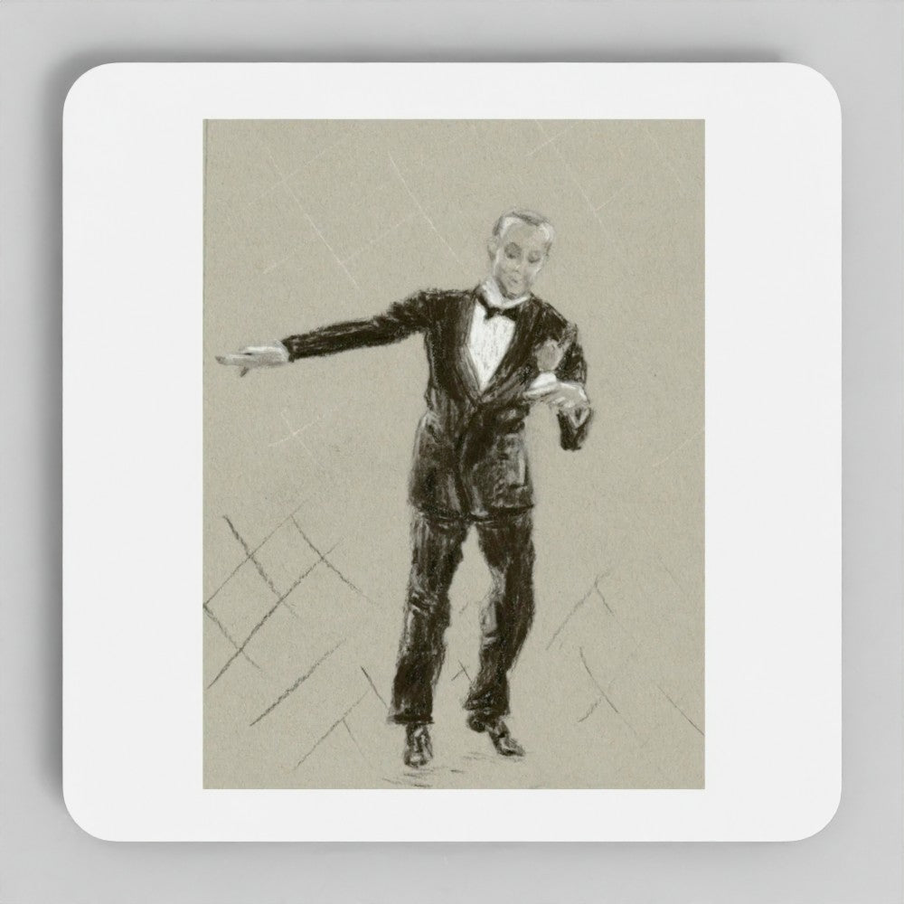 A square white coaster with rounded corners, featuring a vintage-style charcoal sketch of a fred astaire in a tuxedo on a grey background.