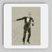 A square white coaster with rounded corners, featuring a vintage-style charcoal sketch of a fred astaire in a tuxedo on a grey background.