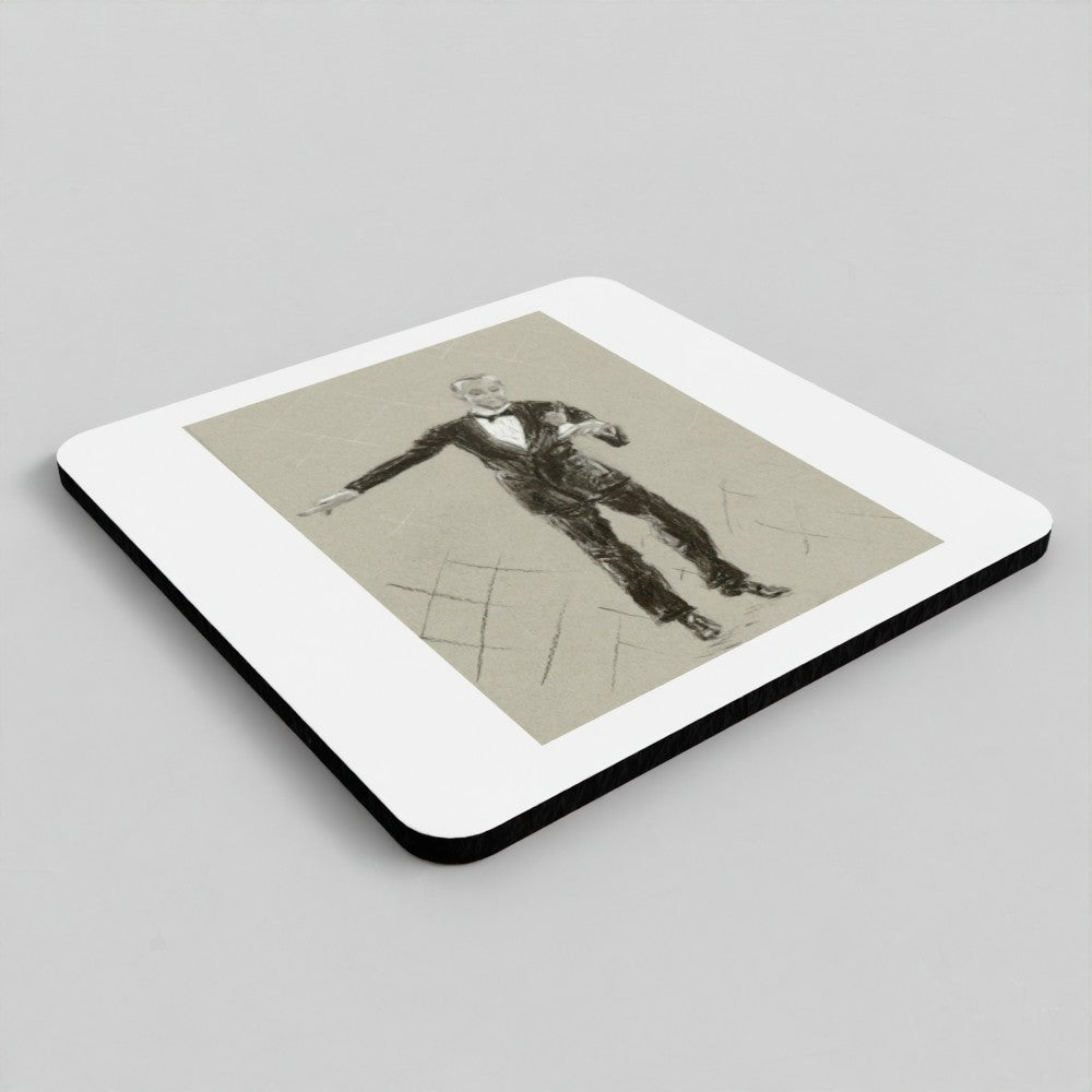A square coasters with rounded corners, featuring a vintage-style sepia-toned illustration of Fred Astaire dancing