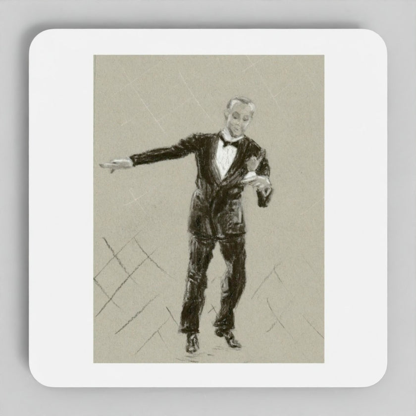 A square white coaster with rounded corners, featuring a vintage-style charcoal sketch of a fred astaire in a tuxedo on a grey background.