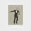 A monochrome art print featuring a sketch of a man in a tuxedo, with small caption text at the bottom, shown against a light gray background.