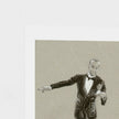 A square art print featuring a sketch of a man in a tuxedo with one arm extended, printed on a white card against a textured off-white background.