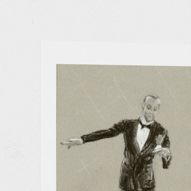 A square art print featuring a sketch of a man in a tuxedo with one arm extended, printed on a white card against a textured off-white background.