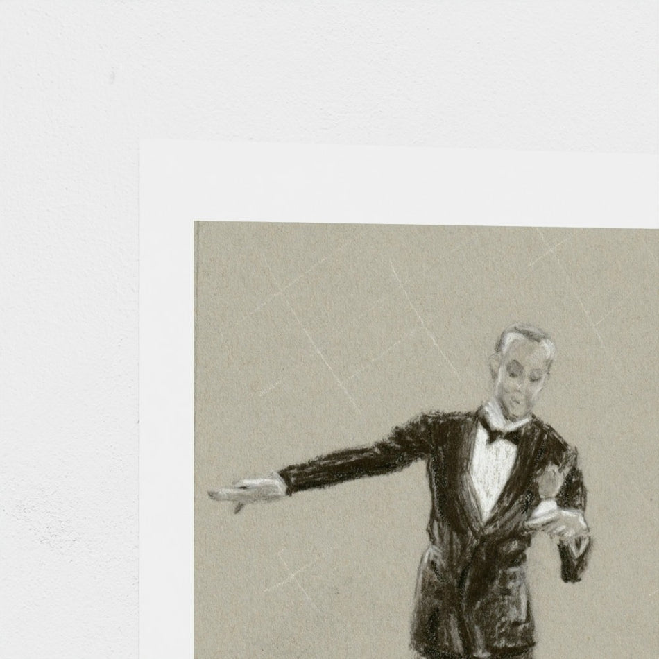 A square art print featuring a sketch of a man in a tuxedo with one arm extended, printed on a white card against a textured off-white background.