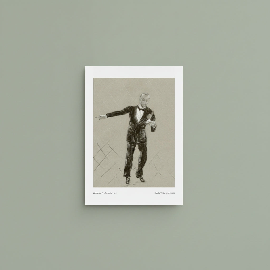 A framed art print featuring a sepia-toned sketch of Fred Astaire on a white border, displayed against a solid sage green background.