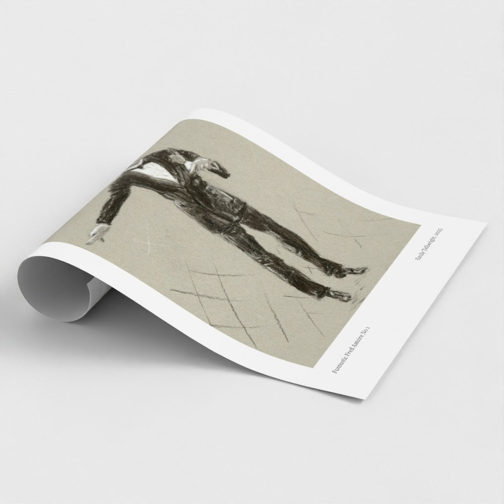 A rolled-out art print or poster showing a monochrome sketch of a figure in motion, photographed on a clean light gray background.