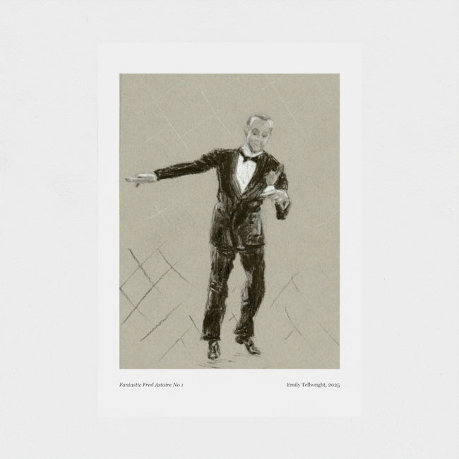 A monochrome art print featuring a sketch of a man in a tuxedo, with small caption text at the bottom, shown against a light gray background.