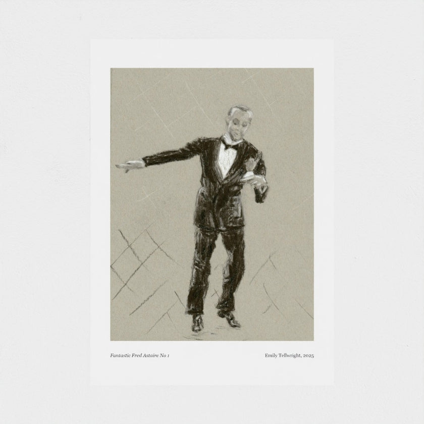 A monochrome art print featuring a sketch of a man in a tuxedo, with small caption text at the bottom, shown against a light gray background.