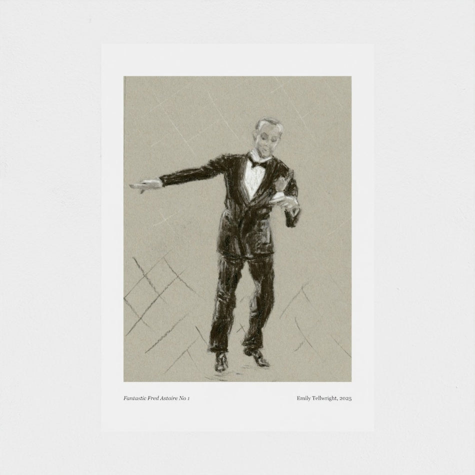 A monochrome art print featuring a sketch of a man in a tuxedo, with small caption text at the bottom, shown against a light gray background.