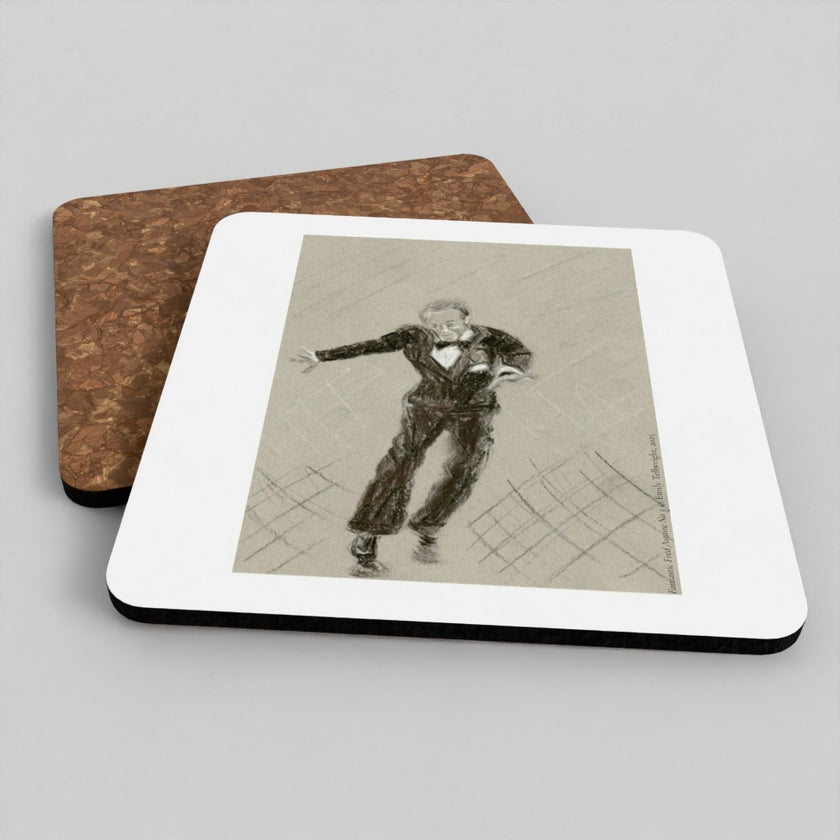 Two square coasters on a light gray background. The front coaster has a white border and displays a sepia-toned sketch of a dancing figure in a tuxedo.