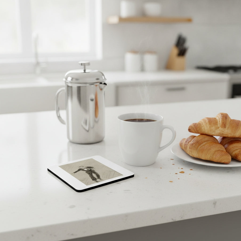 A white ceramic coffee mug with steam rising, placed on a white kitchen countertop next to a silver French press, a square coaster with a black-and-white photo print, and a plate of croissants.