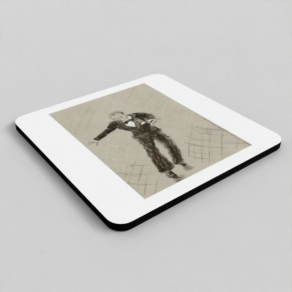 A square coaster with rounded corners, featuring a vintage-style sepia sketch of a man in a suit on a white border, shown on a neutral gray background.