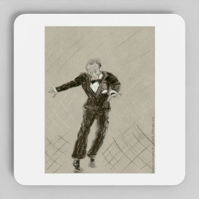 A square white coaster with rounded corners featuring a sepia-toned charcoal sketch of a man in a suit, shown on a neutral gray background.