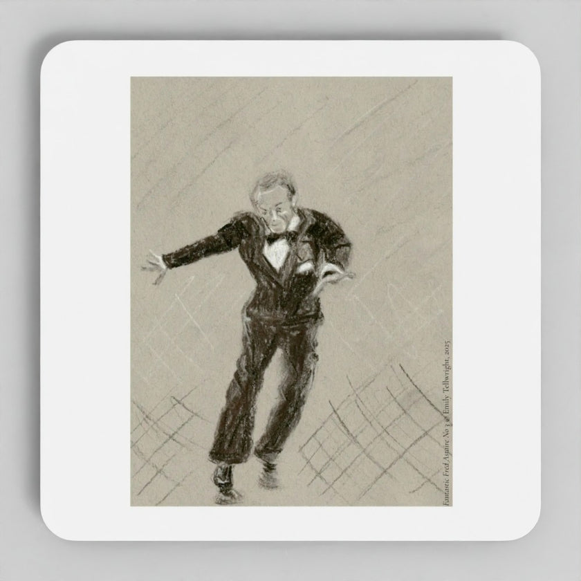 A square white coaster with rounded corners featuring a sepia-toned charcoal sketch of a man in a suit, shown on a neutral gray background.