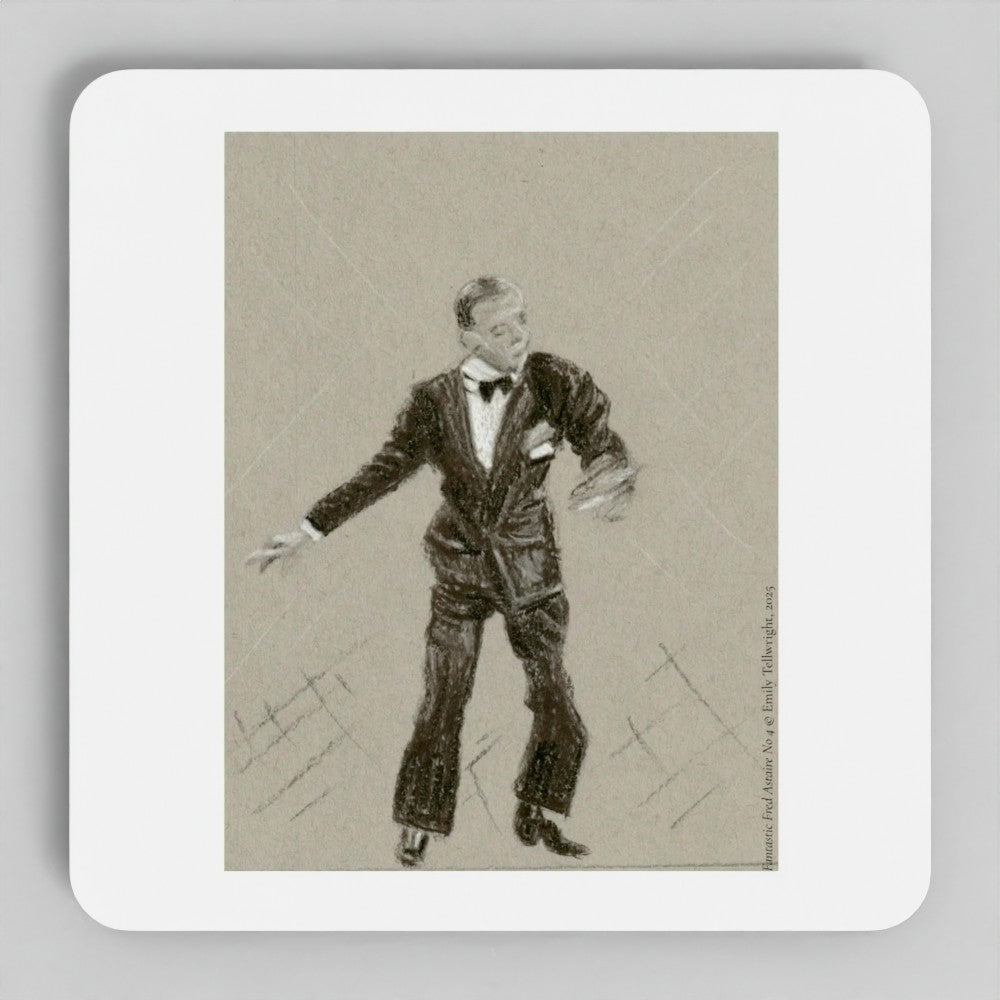 A square white coaster with rounded corners featuring a sepia-toned sketch of a man in a tuxedo, shown on a light gray background.