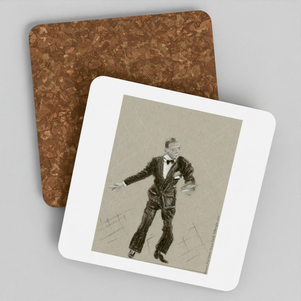 Two square cork coasters with rounded corners, one plain brown and one printed with a black-and-white sketch of a man in a tuxedo, displayed on a light gray background.
