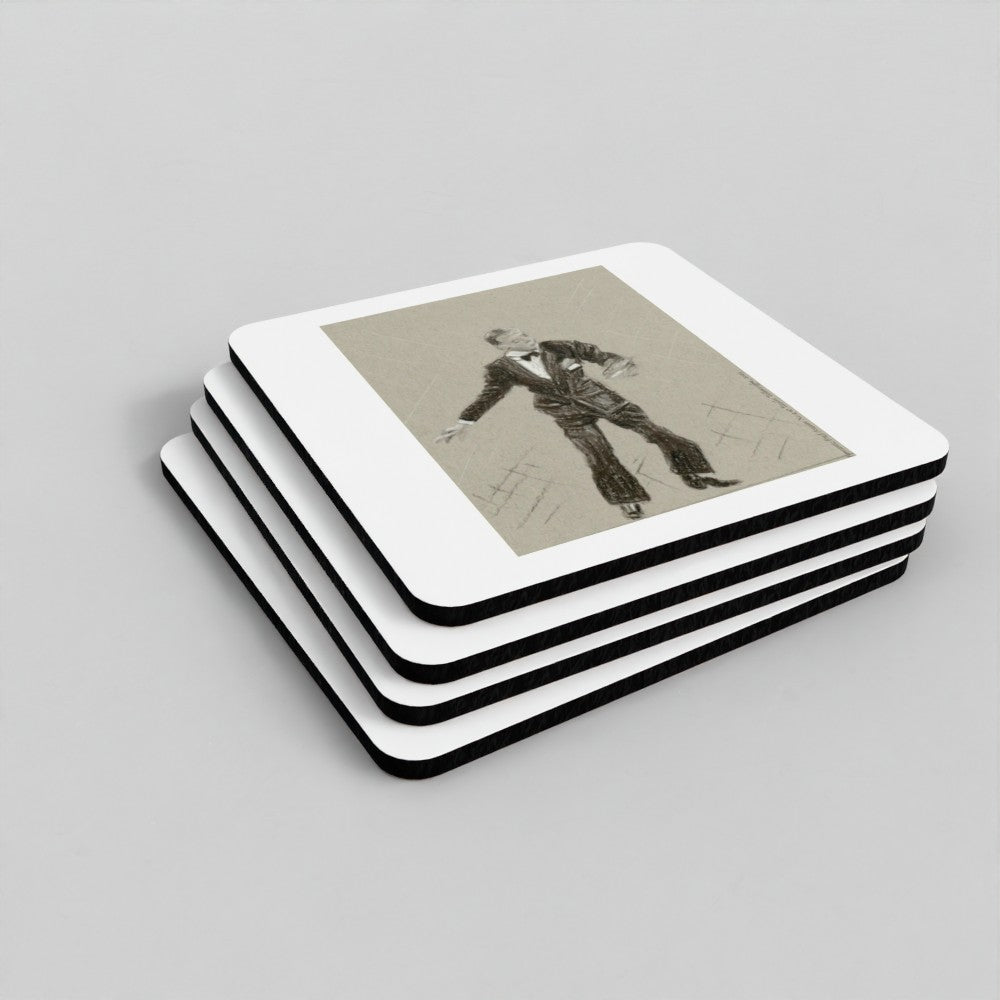 A stack of square coasters with rounded corners, featuring a vintage-style sepia-toned illustration of a man dancing, shown on a light gray background.