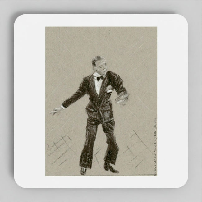 A square white coaster with rounded corners featuring a sepia-toned sketch of a man in a tuxedo, shown on a light gray background.
